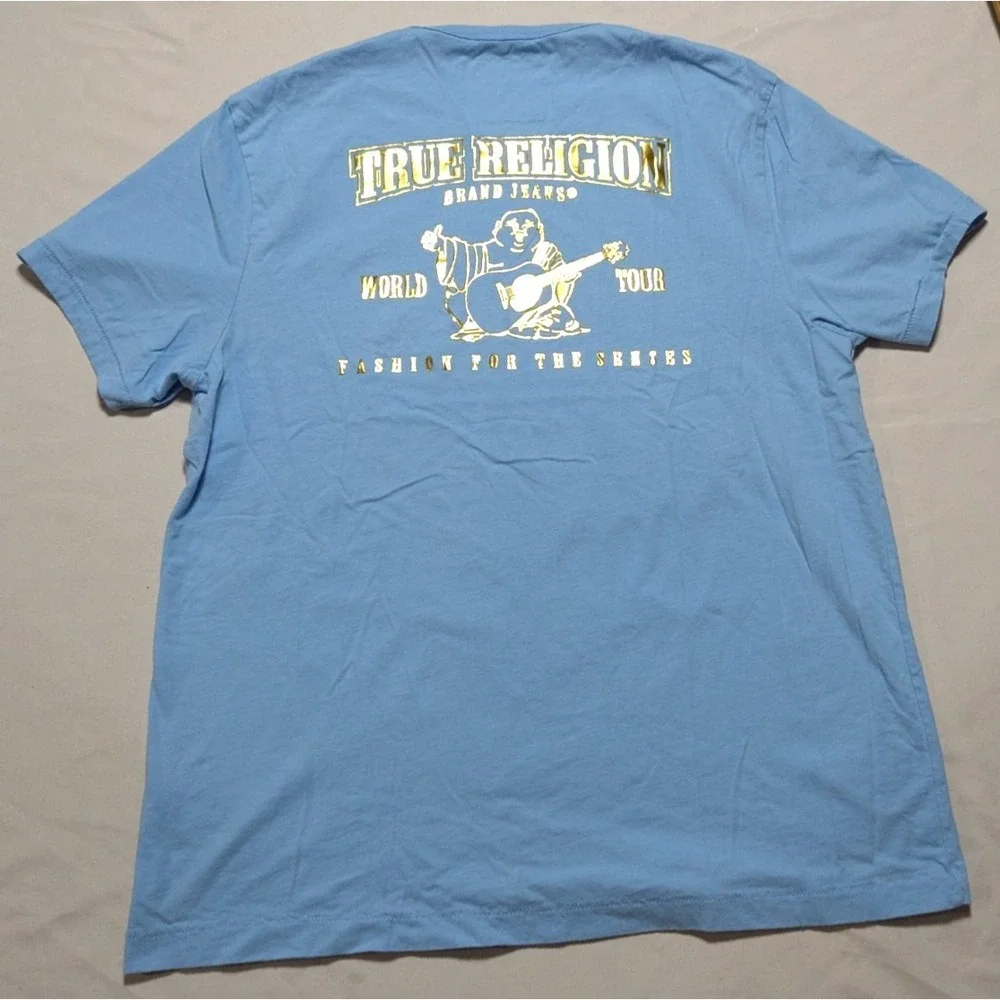 True Religion Gold Foil Buddha T-Shirt - Men XL Light Blue‎ Double-Sided